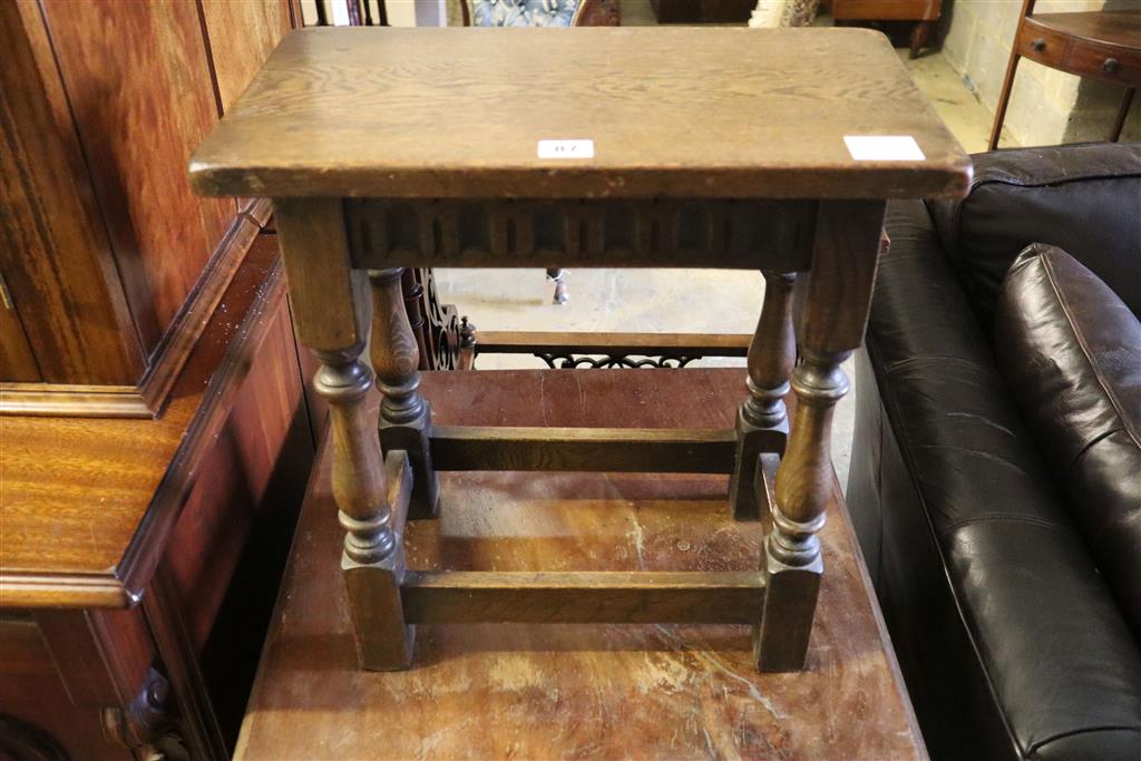 An 18th century style oak joint stool, width 46cm, depth 25cm, height 48cm